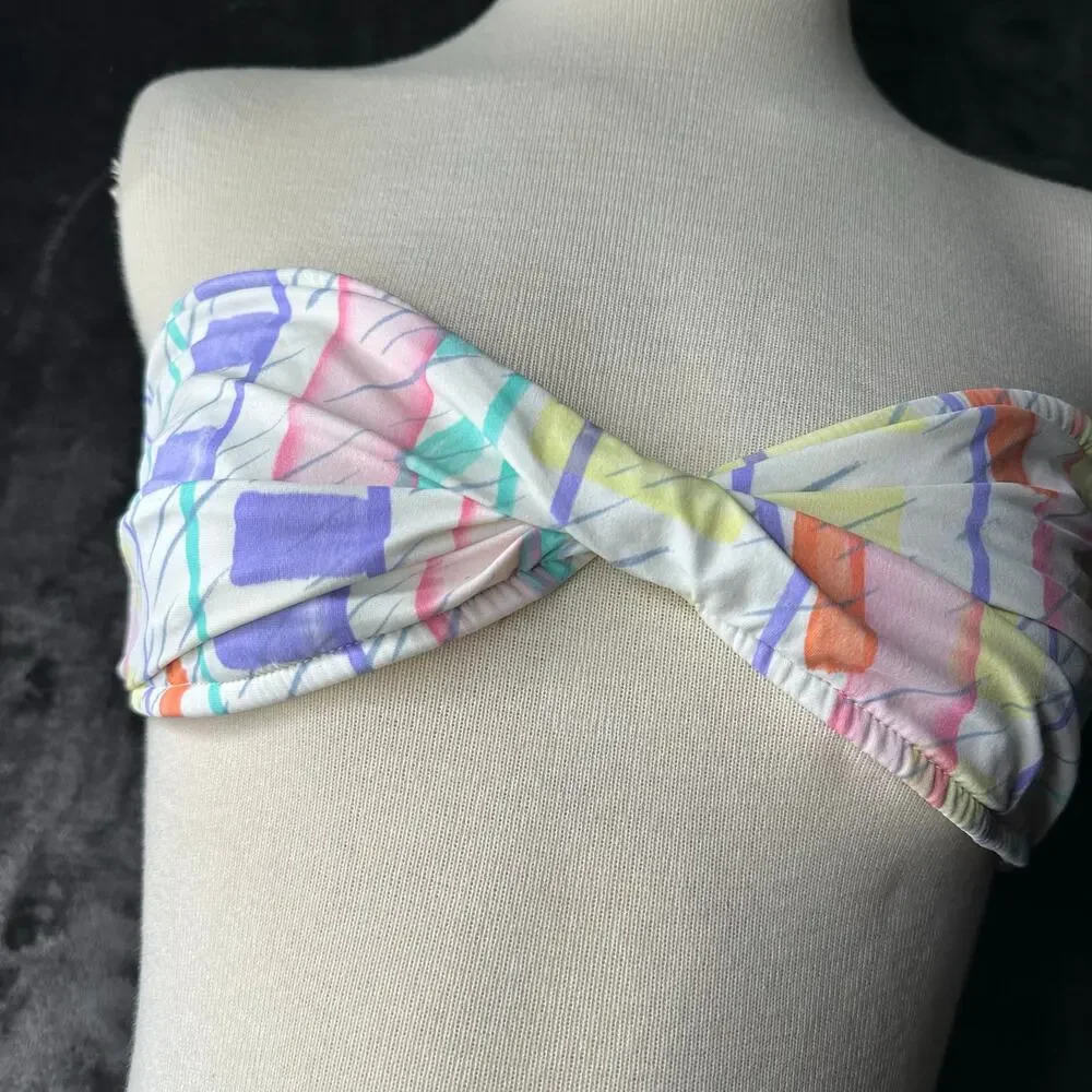 Vintage 80s/90s Bandeau Bikini Swim Suit Pastel Geometric  Womens SZ M
